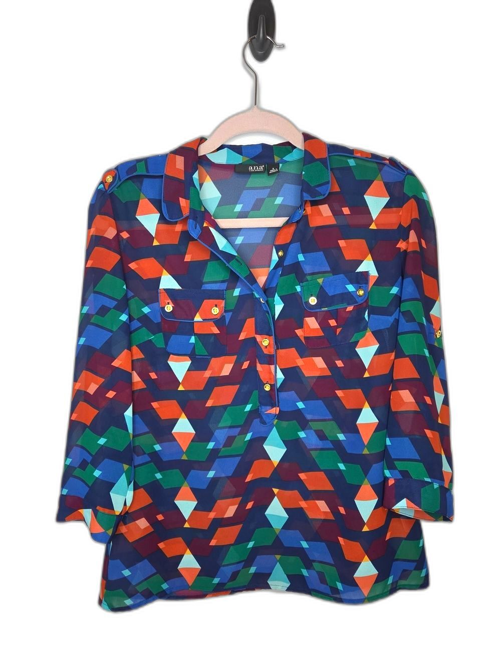 a.n.a Geometric Print Button-Front Blouse in Navy, Orange, Green, Teal